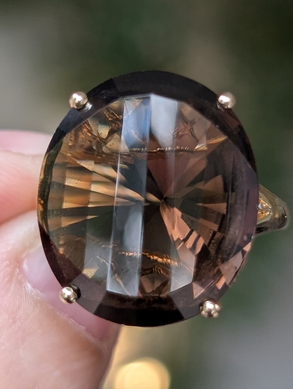 14K Gold Oval Cut Smokey Quartz Cocktail Ring With Diamond Accent